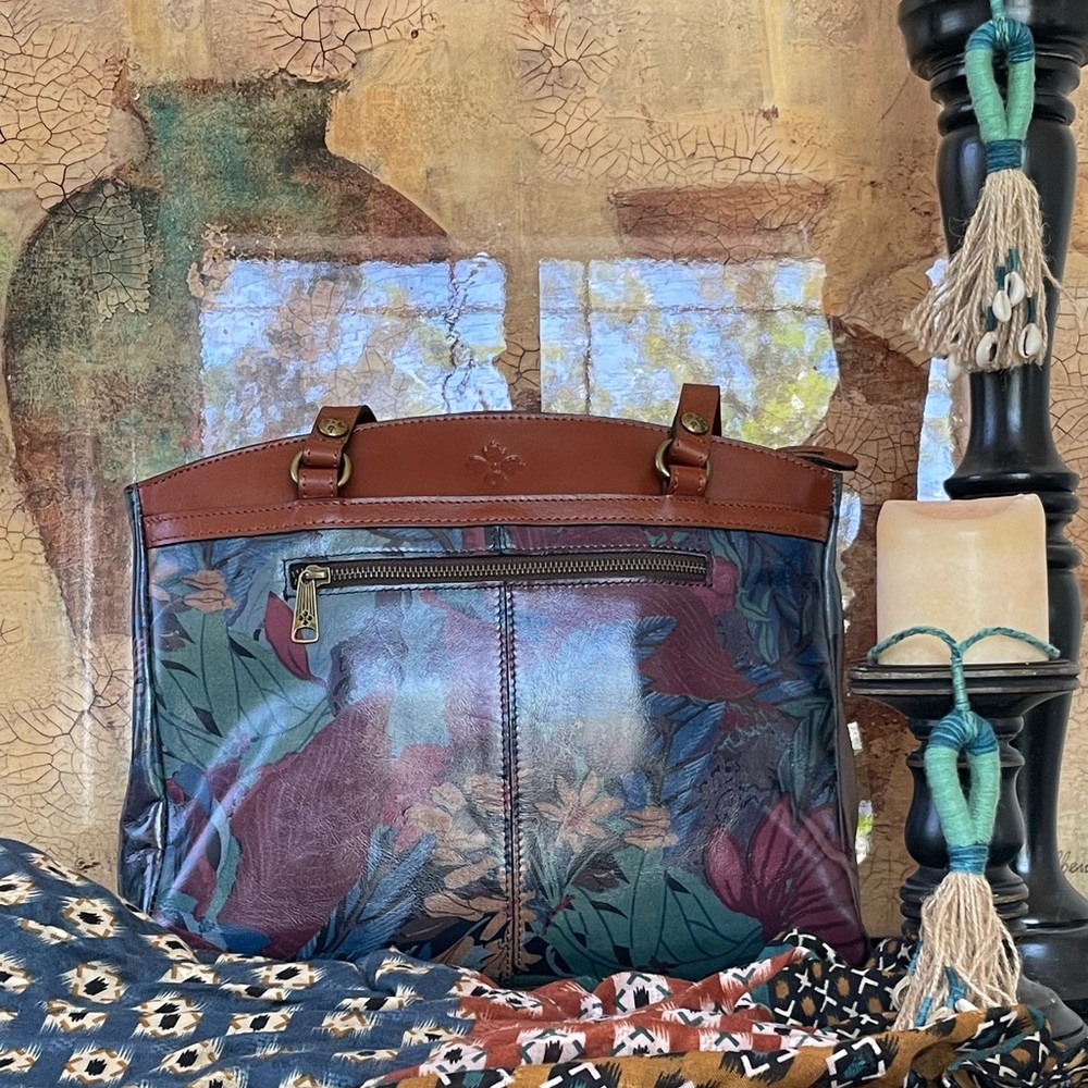 Patricia Nash Poppy Tote Blue Forest | Tropical Luxe Artsy Eclectic Dark Floral - Picture 2 of 16